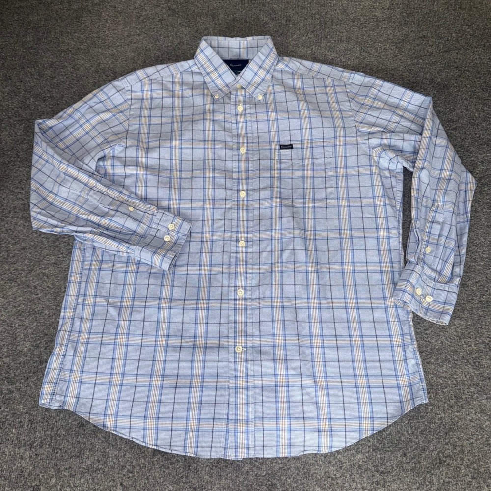 Faconnable Classique Mens Blue Tan Plaid Cotton Button Down Shirt Large Casual